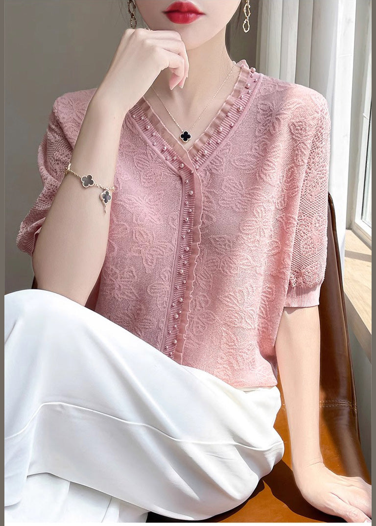 Fitted Pink Jacquard Nail Bead Knit Shirt Top Summer