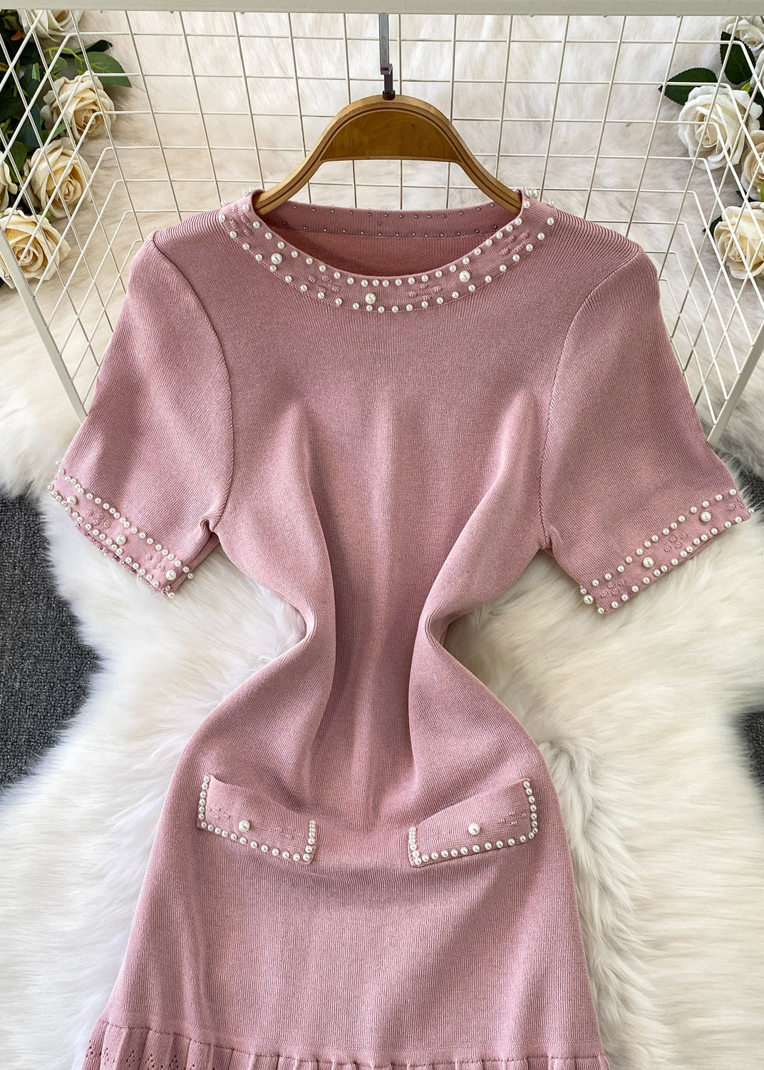 Fitted Pink Nail Bead Patchwork Wrinkled Knit Dress Summer