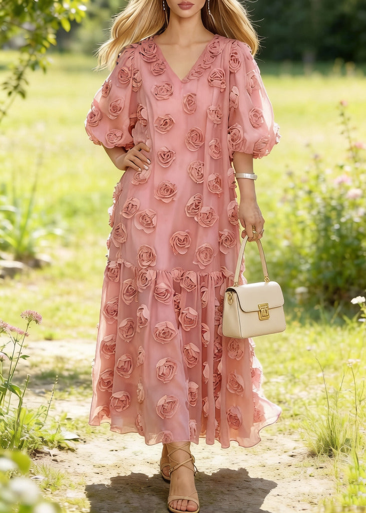 Fitted Pink Oversized Floral Decorated Tulle Party Dresses Summer