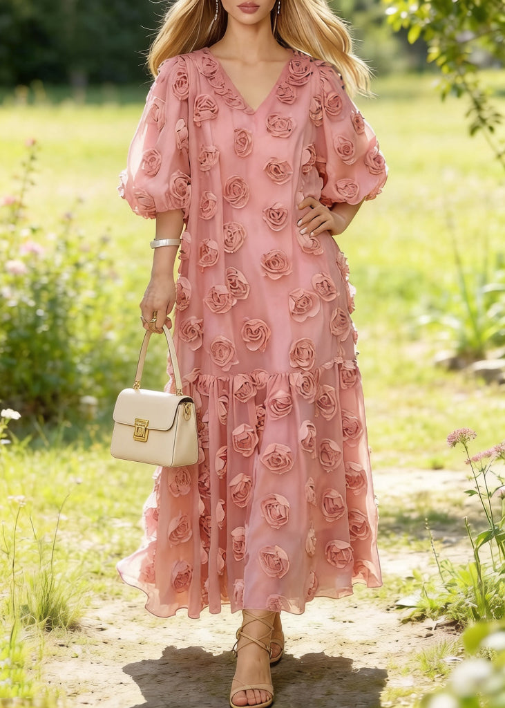 Fitted Pink Oversized Floral Decorated Tulle Party Dresses Summer