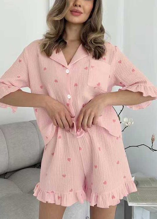 Fitted Pink Ruffled Love Print Cotton Women Pajama Sets 2 Pieces Summer