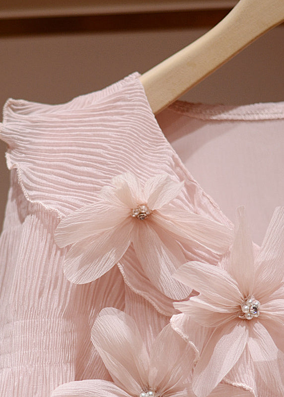 Fitted Pink Stereoscopic Floral Wrinkled Chiffon Shirts Summer