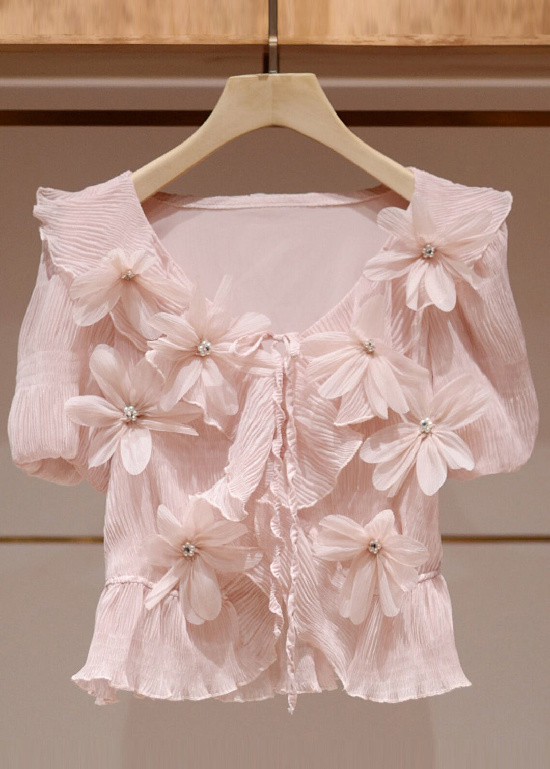Fitted Pink Stereoscopic Floral Wrinkled Chiffon Shirts Summer