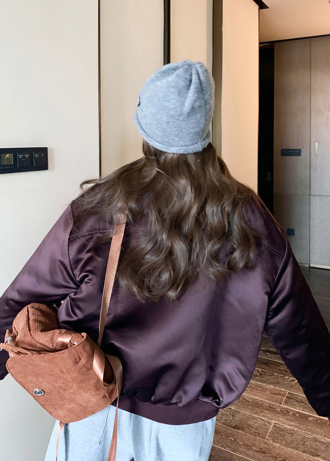 Fitted Purple Embroidered Pockets Fine Cotton Filled Jackets Winter