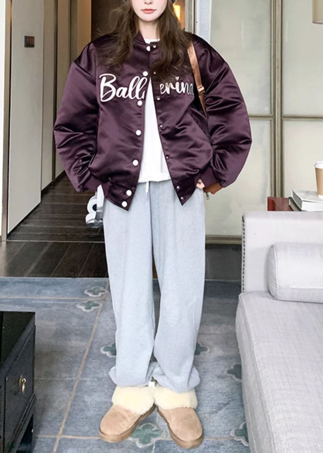 Fitted Purple Embroidered Pockets Fine Cotton Filled Jackets Winter