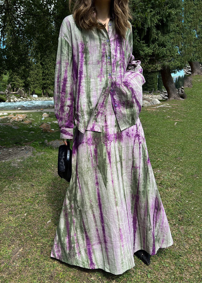 Fitted Purple Peter Pan Collar Tie Dye Shirts And Maxi Skirts Two Piece Set Long Sleeve