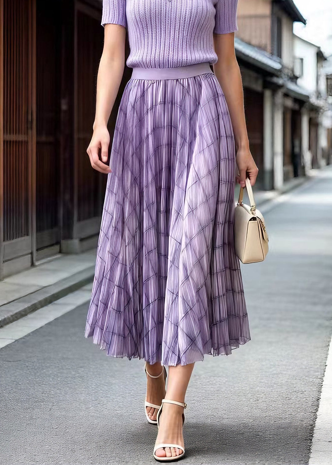 Fitted Purple Plaid Wrinkled Tulle Skirts Summer