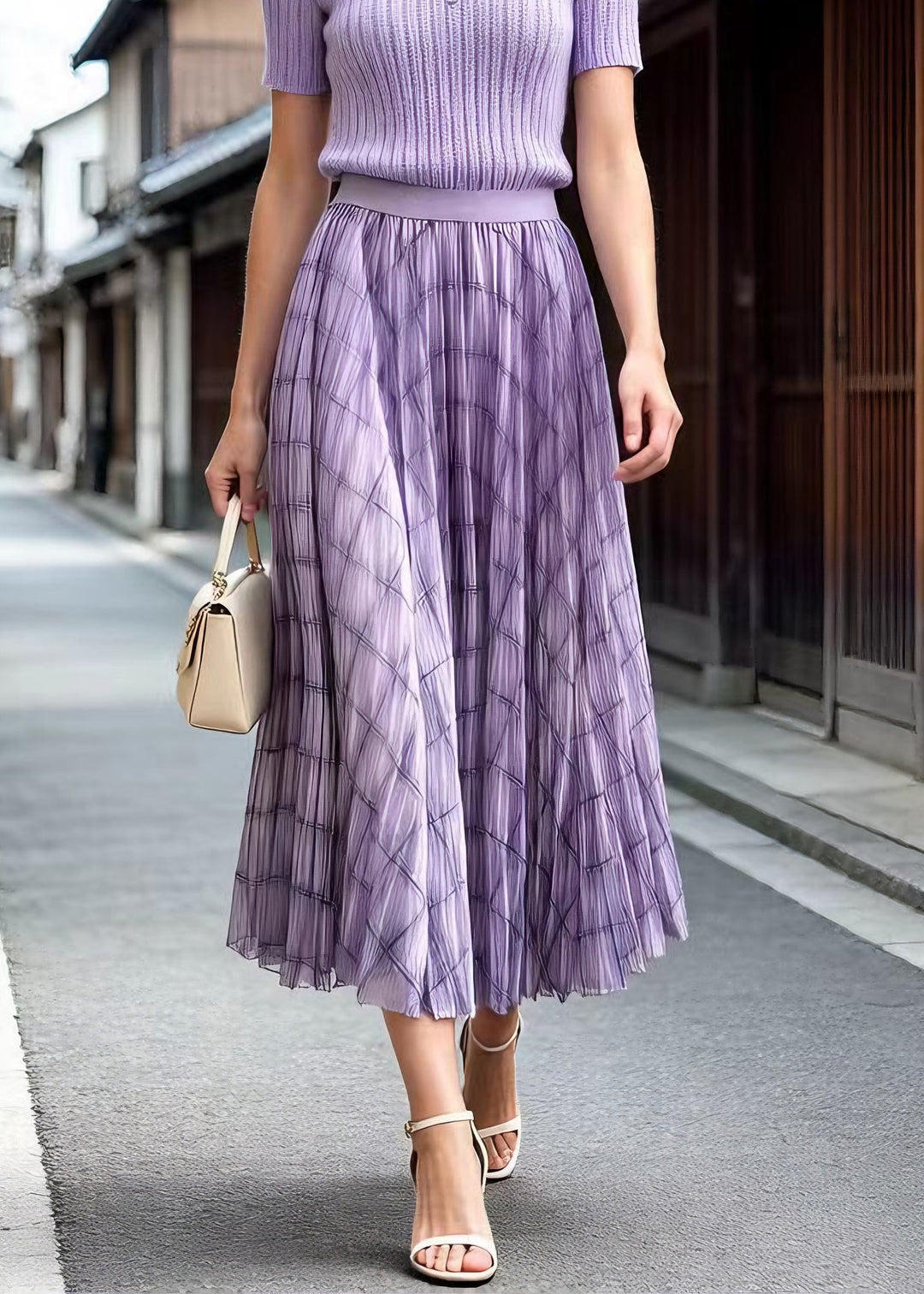 Fitted Purple Plaid Wrinkled Tulle Skirts Summer