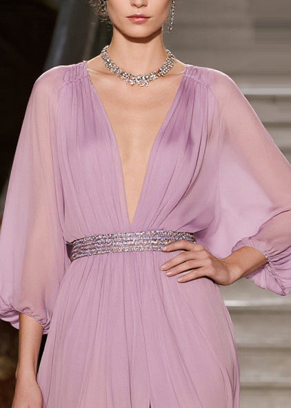 Fitted Purple Tunic Side Open Tulle Maxi Dresses Summer