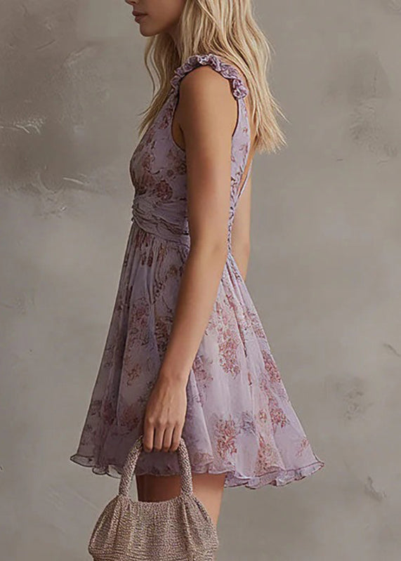Fitted Purple V Neck Wrinkled Chiffon Mid Dress Summer