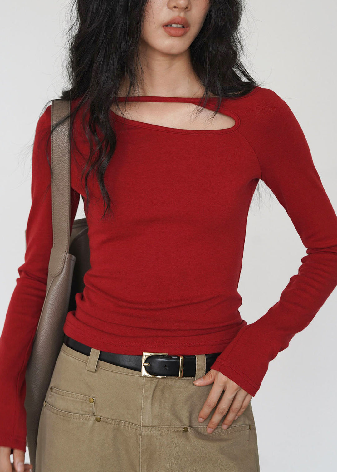 Fitted Red Asymmetrical Cotton Blouses Fall