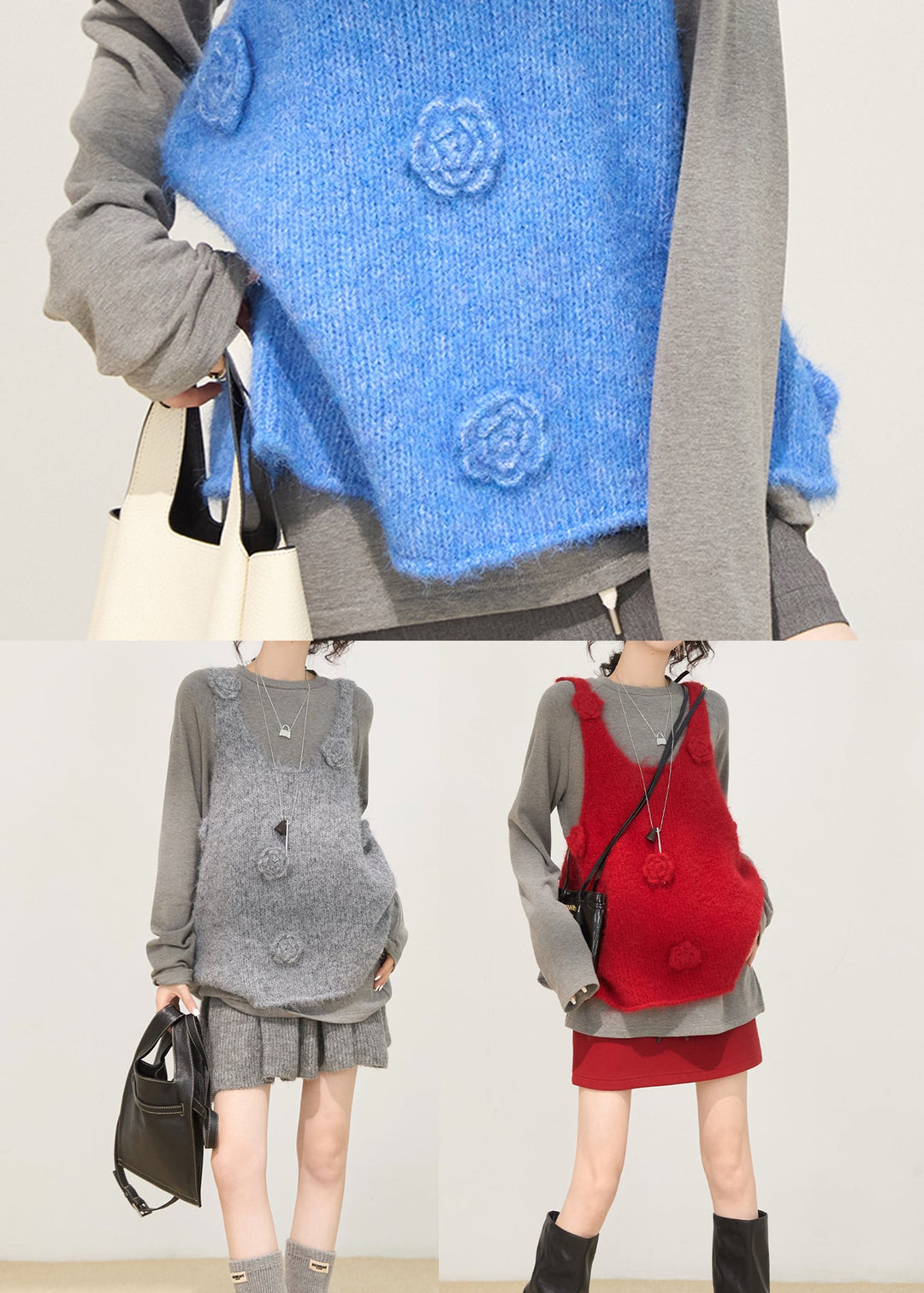 Fitted Red Floral Decorated Knit Vests Winter