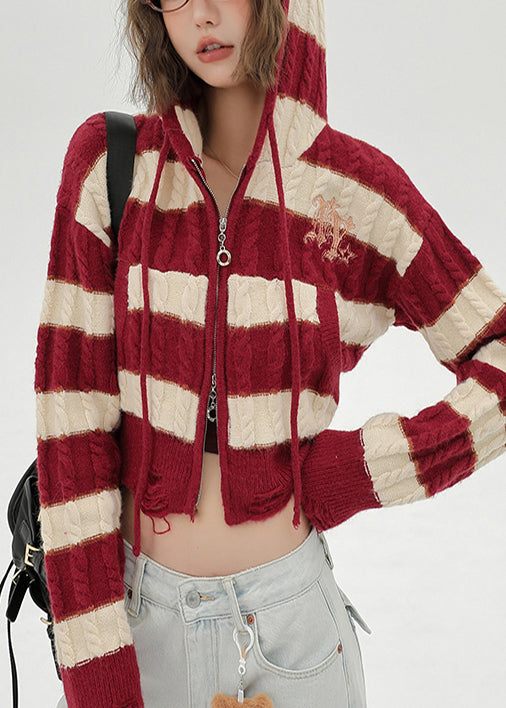 Fitted Red Hooded Striped Knit Hoodie Coat Winter