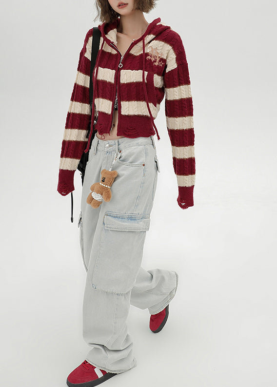 Fitted Red Hooded Striped Knit Hoodie Coat Winter