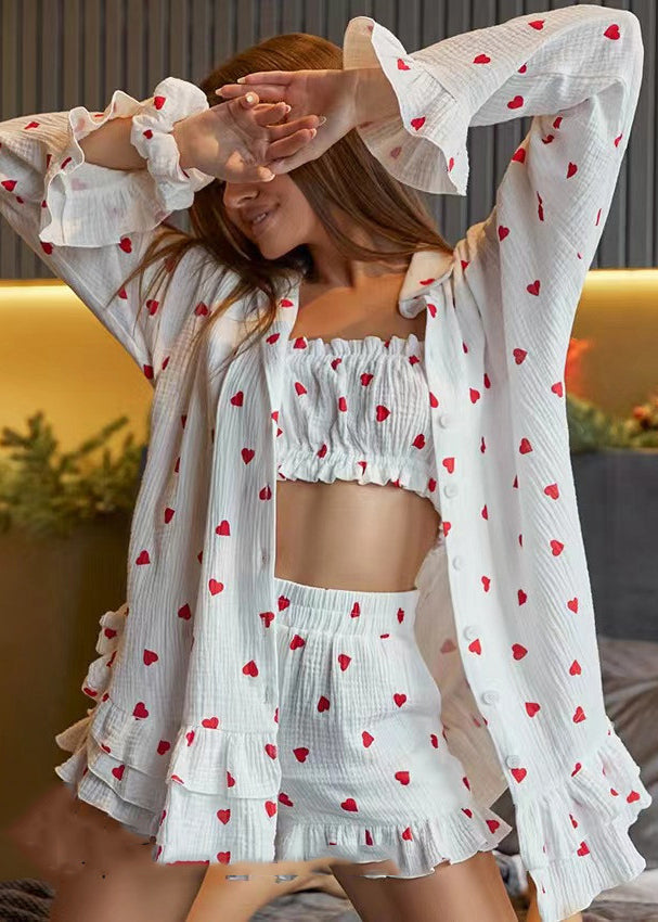 Fitted Red Love Print Cotton Pajama Sets Ruffled Summer