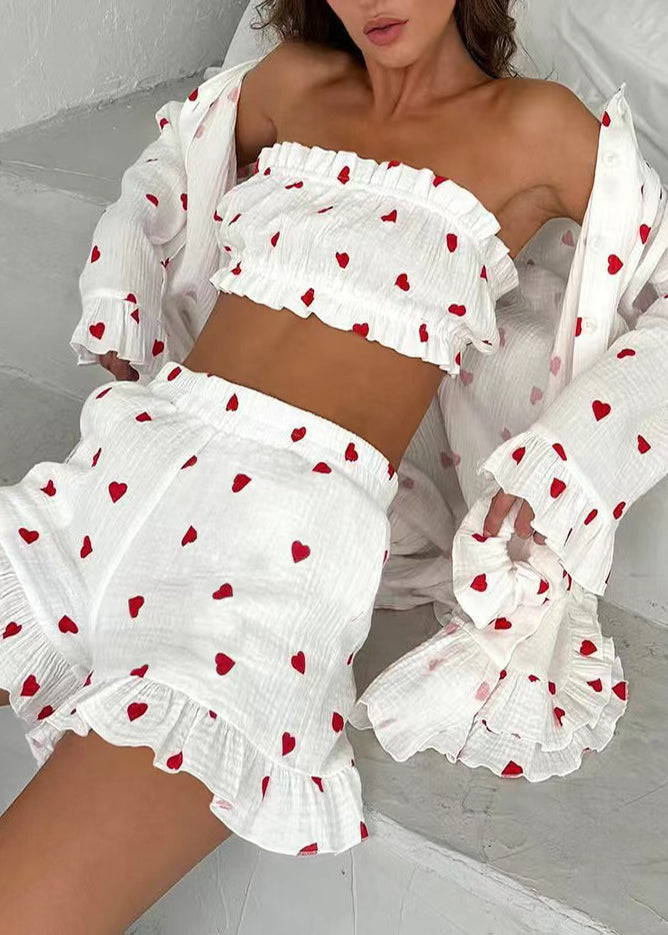 Fitted Red Love Print Cotton Pajama Sets Ruffled Summer