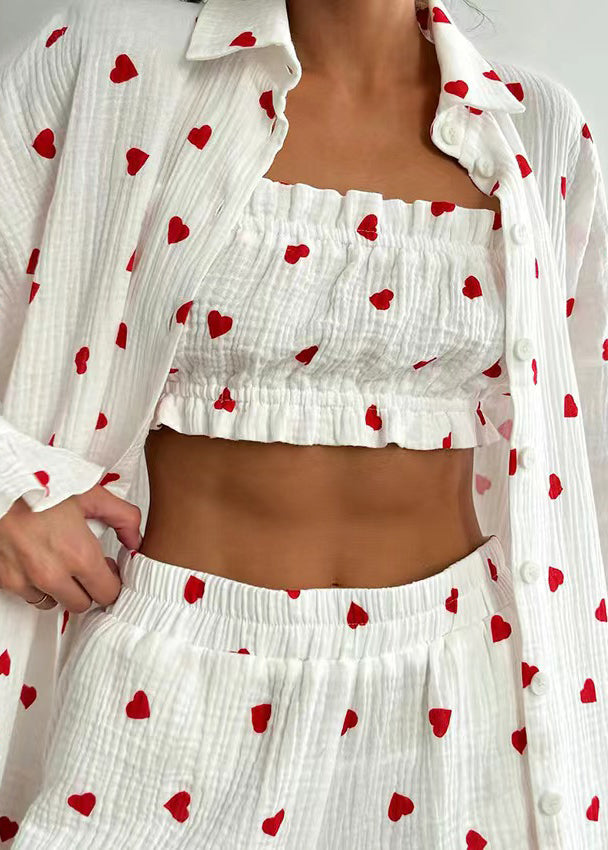 Fitted Red Love Print Cotton Pajama Sets Ruffled Summer
