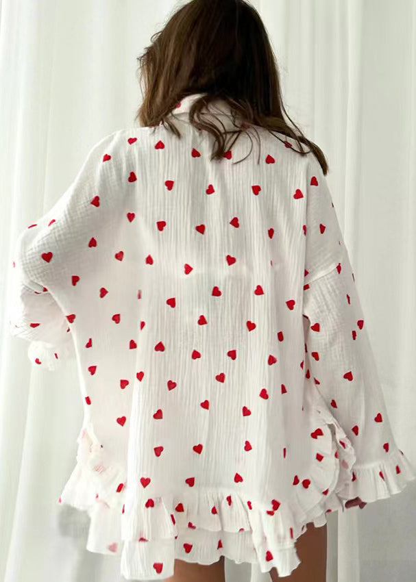 Fitted Red Love Print Cotton Pajama Sets Ruffled Summer