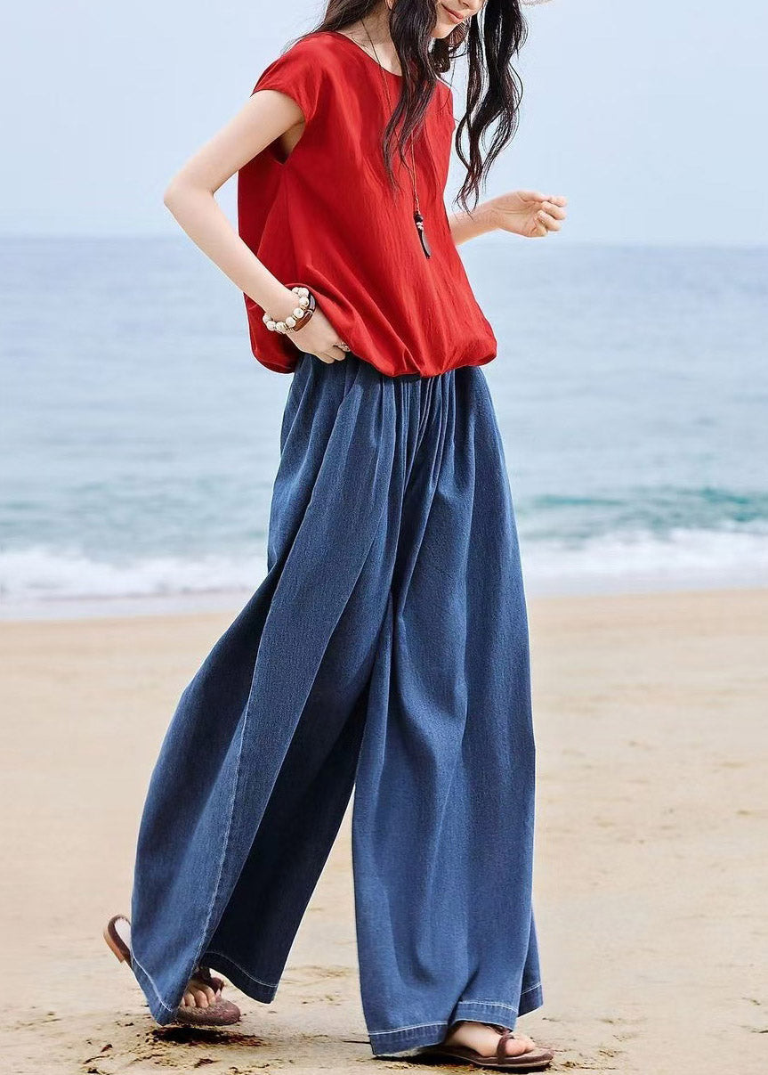 Fitted Red O-Neck T Shirts And Wide Leg Jeans Two Piece Set Short Sleeve