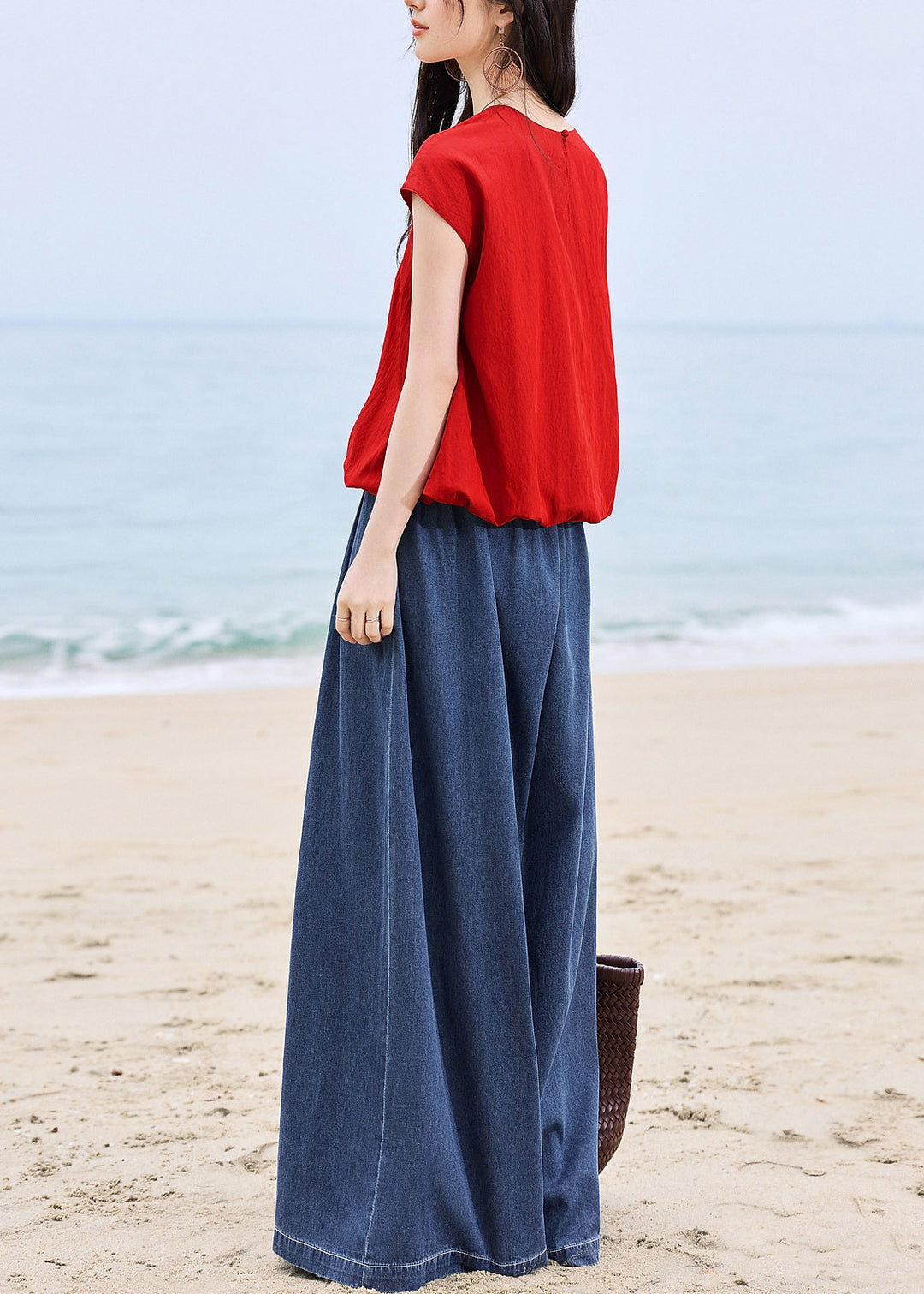 Fitted Red O-Neck T Shirts And Wide Leg Jeans Two Piece Set Short Sleeve