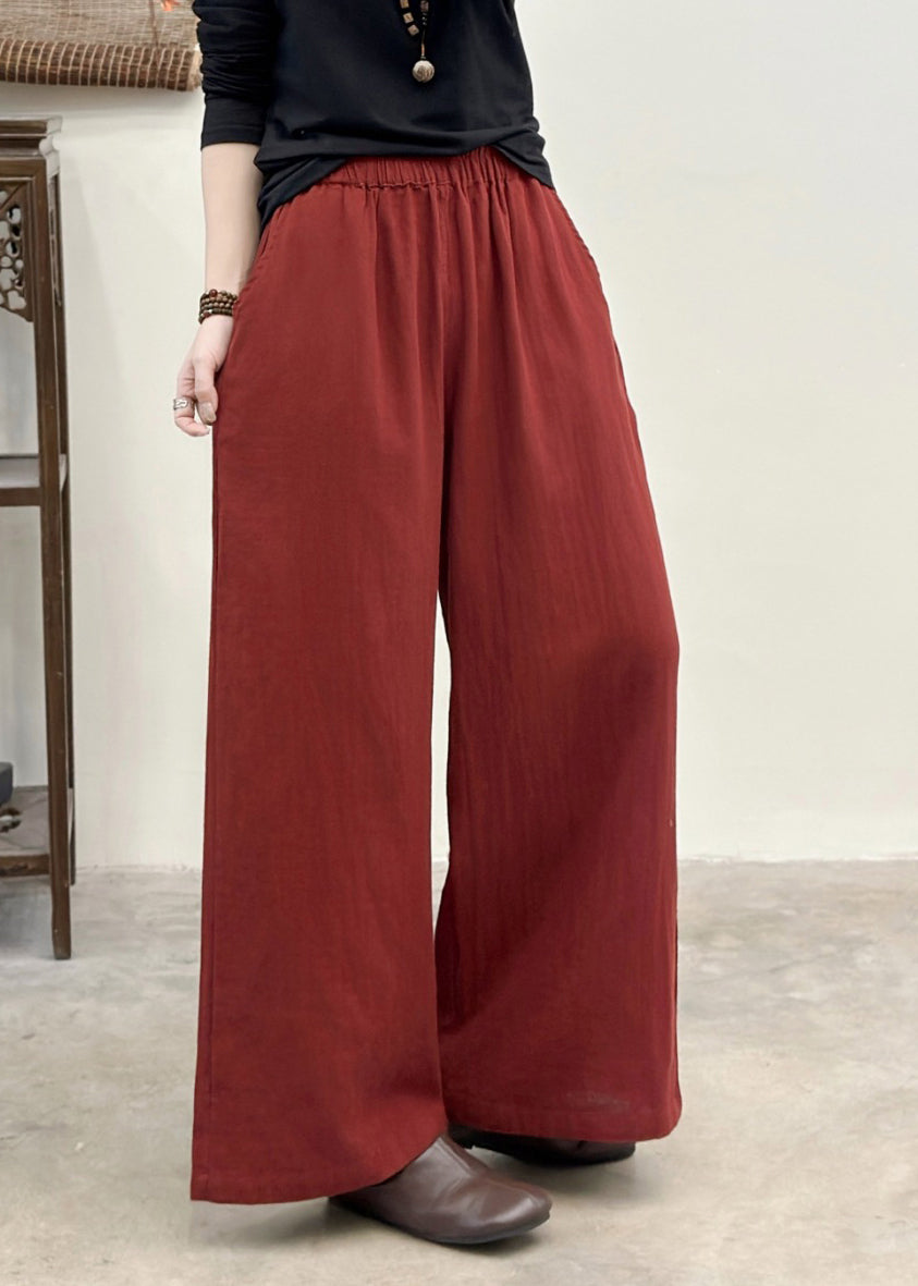 Fitted Red Oversized Pockets Linen Straight Pants Summer