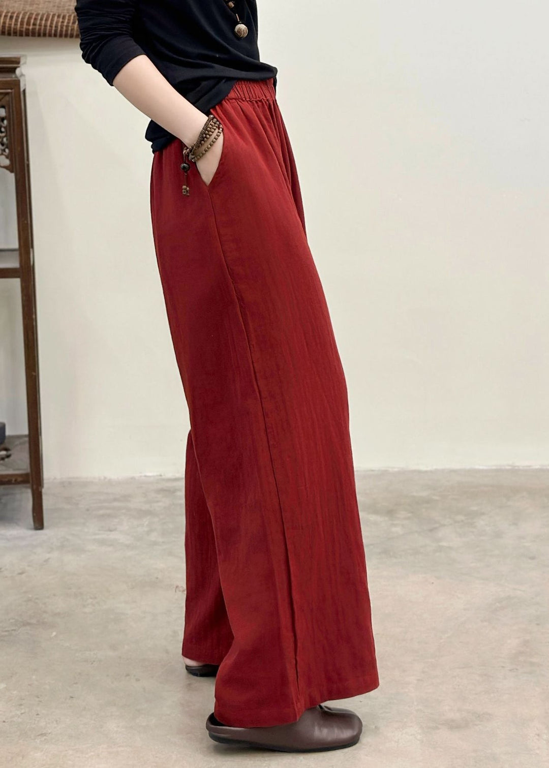 Fitted Red Oversized Pockets Linen Straight Pants Summer