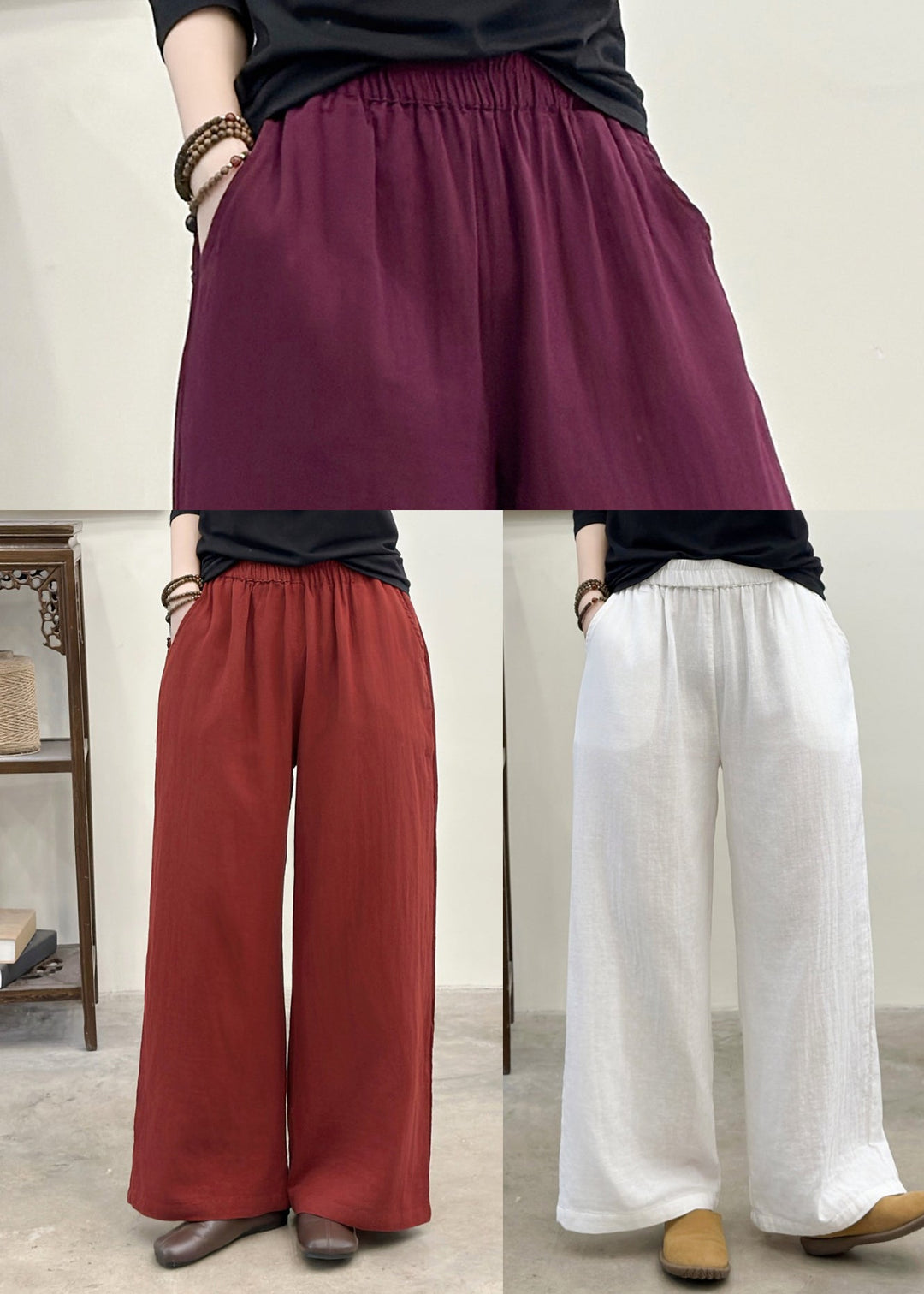 Fitted Red Oversized Pockets Linen Straight Pants Summer
