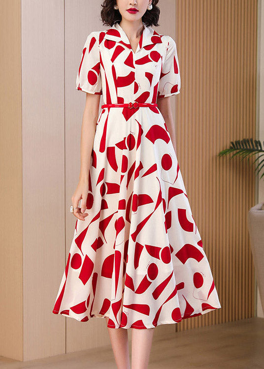 Fitted Red Peter Pan Collar Print Chiffon Dress Summer