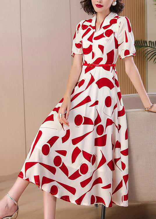 Fitted Red Peter Pan Collar Print Chiffon Dress Summer