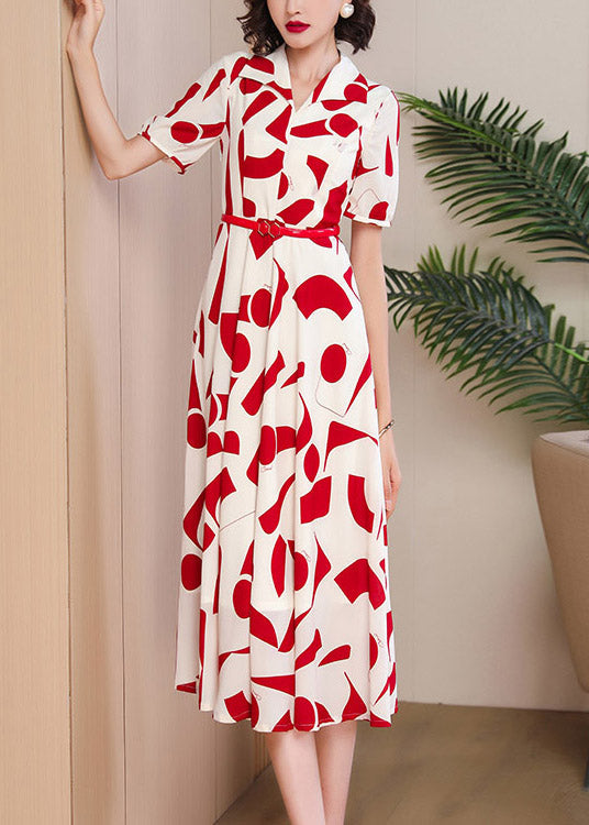 Fitted Red Peter Pan Collar Print Chiffon Dress Summer