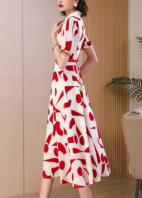 Fitted Red Peter Pan Collar Print Chiffon Dress Summer