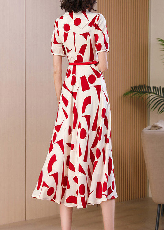 Fitted Red Peter Pan Collar Print Chiffon Dress Summer