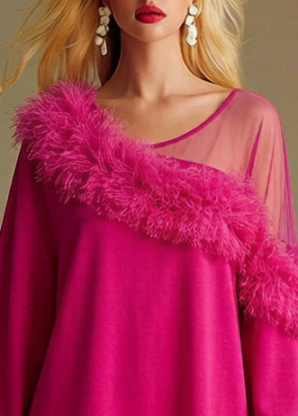 Fitted Rose One Shoulder Patchwork Faux Fur Cotton Mini Dress Spring