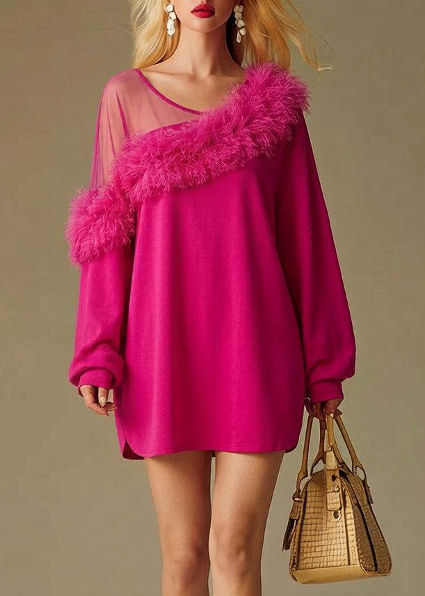 Fitted Rose One Shoulder Patchwork Faux Fur Cotton Mini Dress Spring