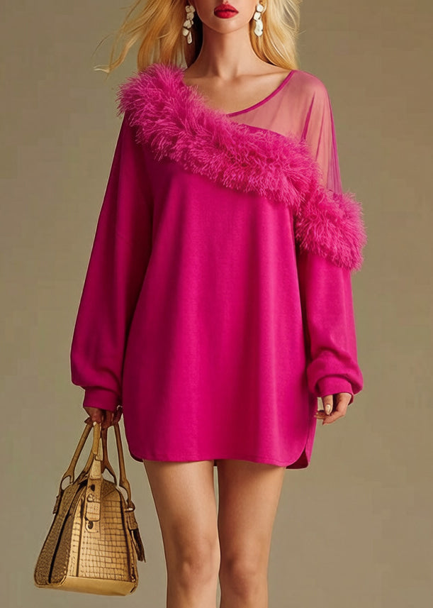 Fitted Rose One Shoulder Patchwork Faux Fur Cotton Mini Dress Spring