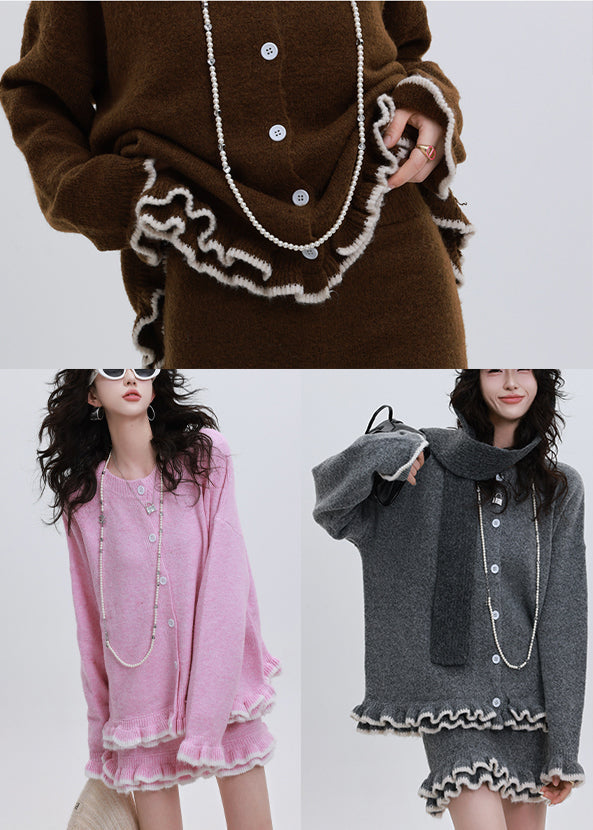 Fitted Rose Ruffled Oversized Knit Cardigan Two Pieces Set Winter