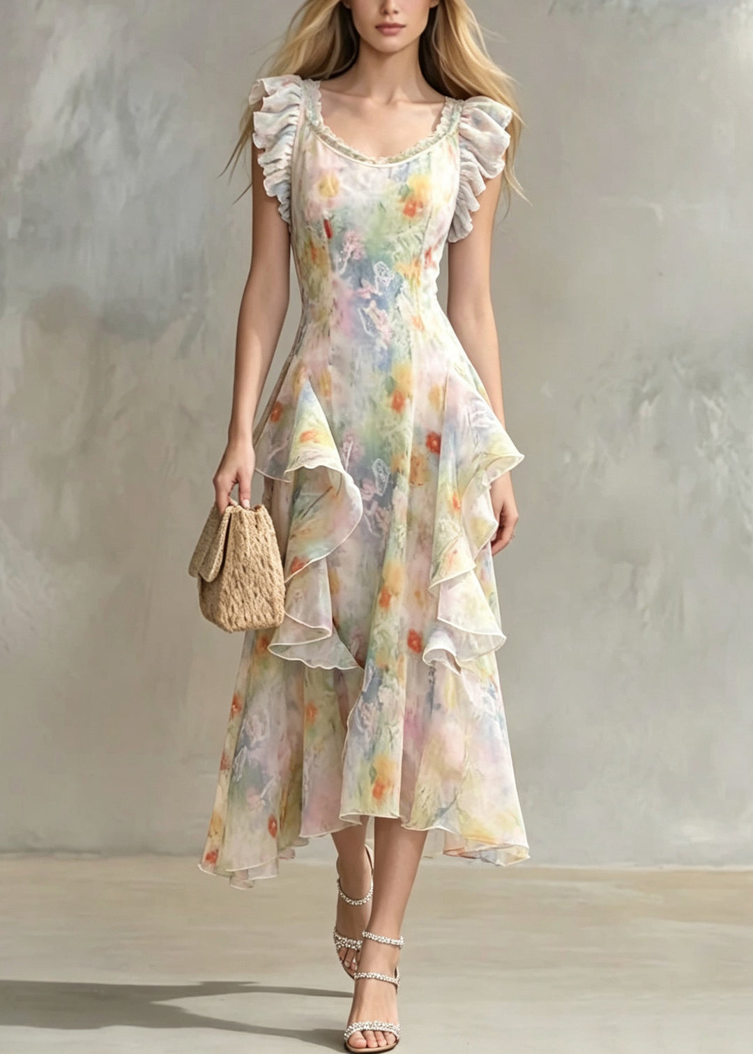 Fitted Ruffled Print Chiffon Long Dresses Summer