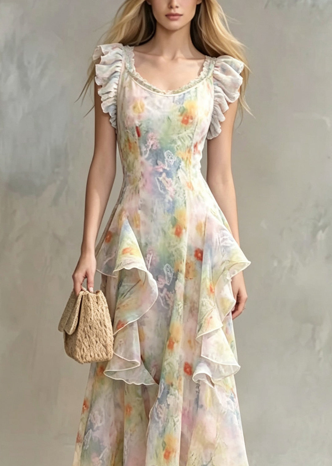 Fitted Ruffled Print Chiffon Long Dresses Summer