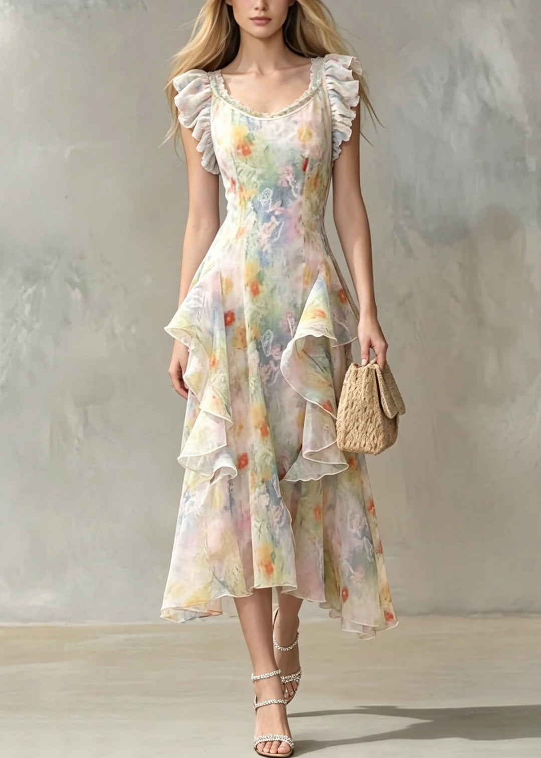 Fitted Ruffled Print Chiffon Long Dresses Summer
