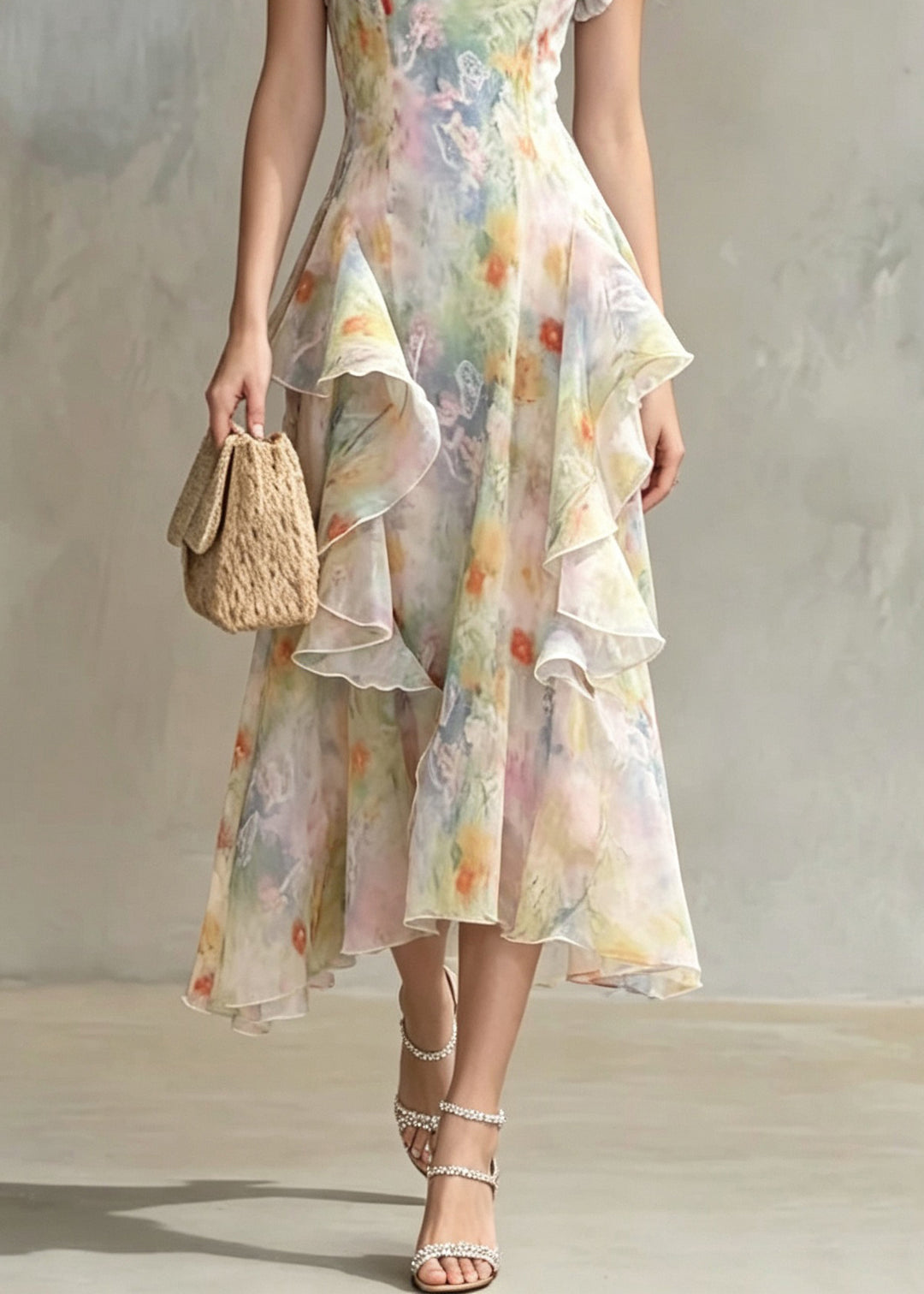Fitted Ruffled Print Chiffon Long Dresses Summer