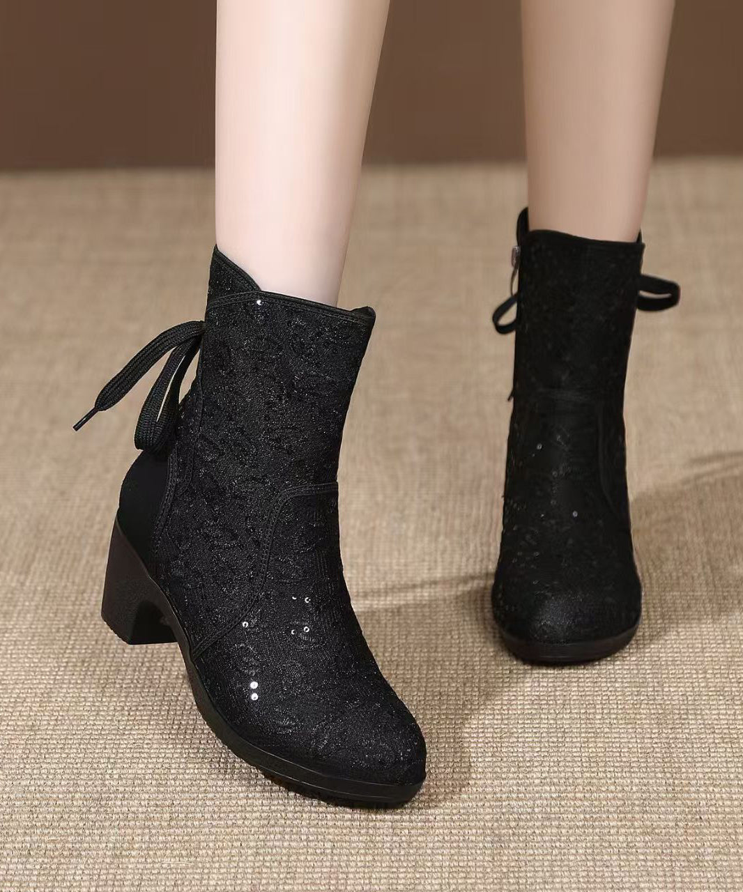 Fitted Sequins Splicing Chunky Boots Beige Breathable Mesh