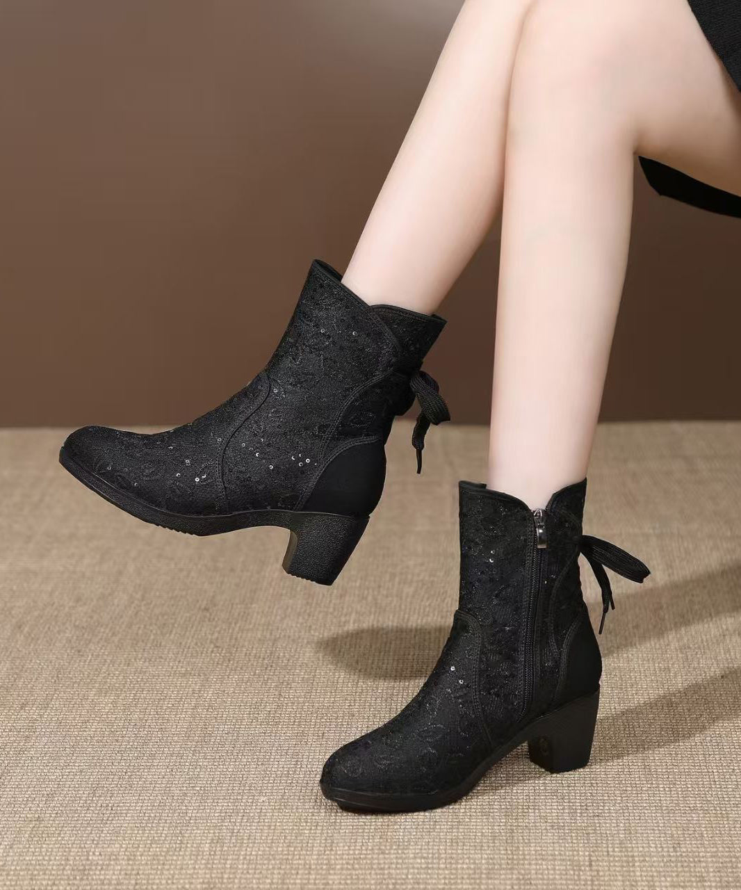 Fitted Sequins Splicing Chunky Boots Beige Breathable Mesh