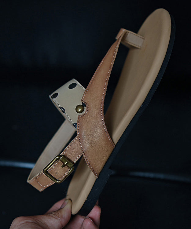 Fitted Splicing Sandals Khaki Cowhide Leather Thong Sandals