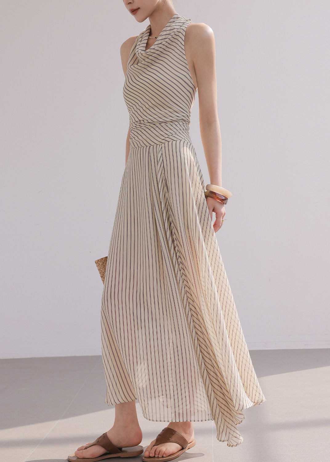Fitted Striped Flattering Holiday Maxi Dress Sleeveless