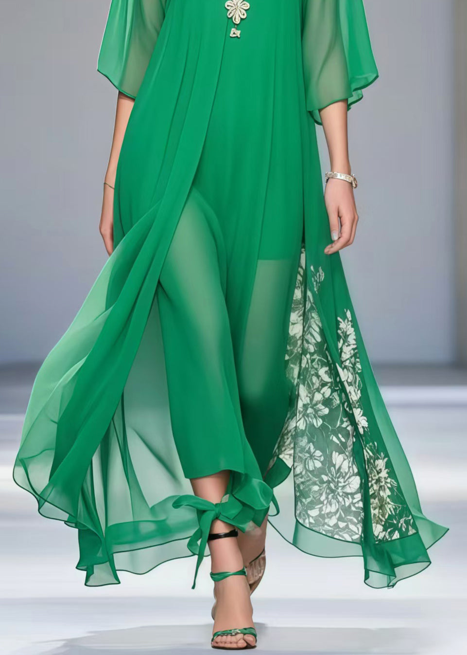 Fitted Tea Green Oversized Draping Chiffon Dress Summer