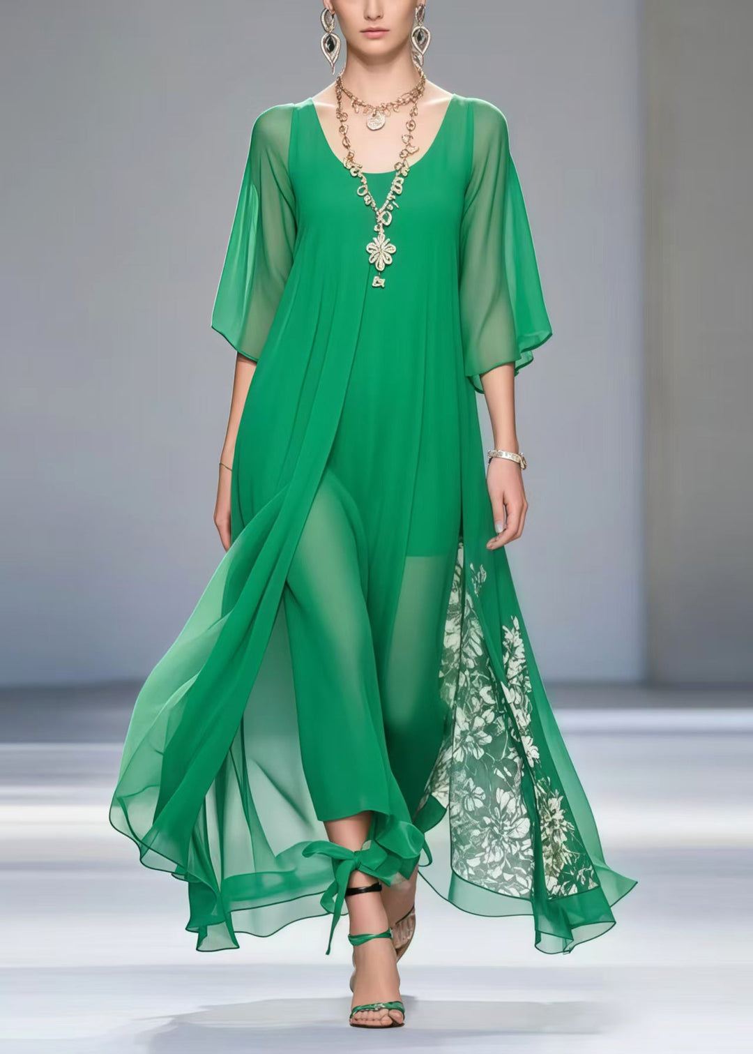 Fitted Tea Green Oversized Draping Chiffon Dress Summer