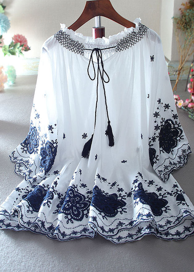 Fitted White Embroidered Cotton A Line Tops Summer - Omychic
