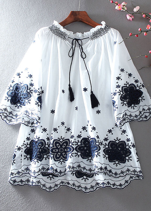 Fitted White Embroidered Cotton A Line Tops Summer - Omychic
