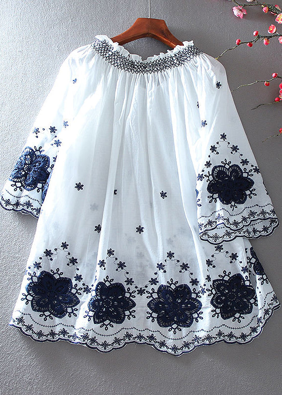 Fitted White Embroidered Cotton A Line Tops Summer - Omychic