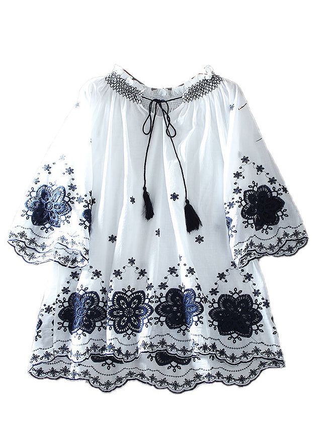 Fitted White Embroidered Cotton A Line Tops Summer - Omychic